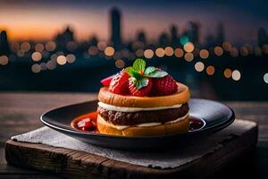 a strawberry and chocolate cake on a plate with a cityscape in the background. AI-Generated photo