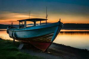 a boat sits on the shore at sunset. AI-Generated photo