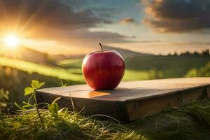 an apple sits on top of a book in a field. AI-Generated photo