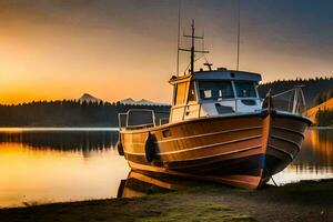 a boat sits on the shore at sunset. AI-Generated photo