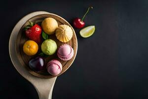 clasificado macarons en un de madera cuchara. generado por ai foto