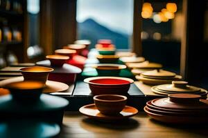 colorful ceramic bowls and cups on a table. AI-Generated photo