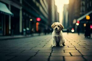 a puppy sitting on the street in a city. AI-Generated photo