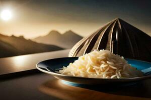 a plate of rice on a table with mountains in the background. AI-Generated photo