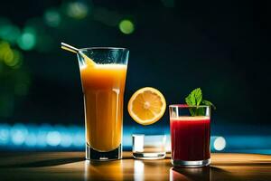 two glasses of juice and a lemon on a table. AI-Generated photo