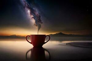 a cup of coffee on the water with a milky smoke rising from it. AI-Generated photo