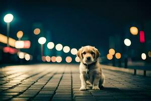 a puppy sitting on the street at night. AI-Generated photo