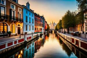 a canal in the middle of a city with buildings. AI-Generated photo