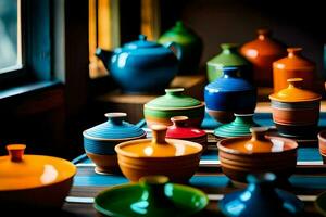 colorful pottery on display in a shop window. AI-Generated photo