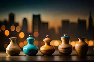 five vases are lined up on a table with a city in the background. AI-Generated photo