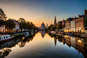 the sun is setting over a canal in europe. AI-Generated photo