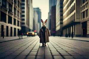 a rabbit wearing a coat and standing in the middle of a city street. AI-Generated photo