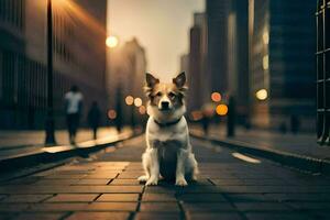 a dog sitting on the street in the city. AI-Generated photo