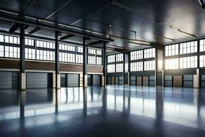 an empty warehouse with large windows and lots of space. AI-Generated photo