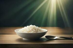 a bowl of rice and spoon on a wooden table. AI-Generated photo