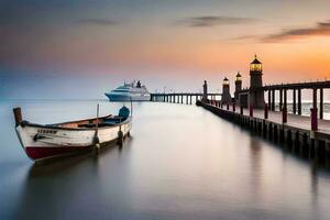 a boat sits on the dock at sunset. AI-Generated photo