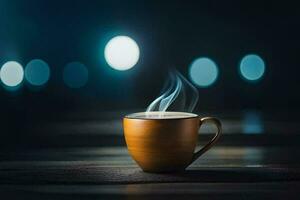 a cup of coffee on a wooden table with blurred bokeh. AI-Generated photo