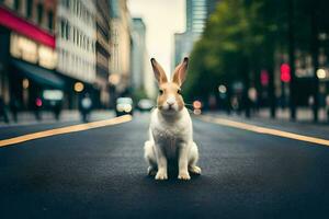 a rabbit is sitting on the street in a city. AI-Generated photo