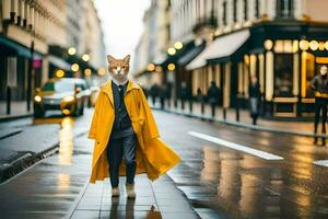 a fox wearing a yellow coat and walking down a street. AI-Generated photo