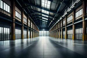 an empty warehouse with a large open space. AI-Generated photo