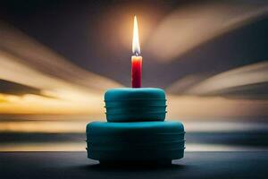 a blue cake with a lit candle on top. AI-Generated photo