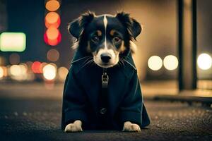 a dog in a coat sitting on the street at night. AI-Generated photo