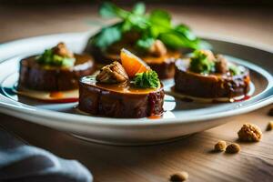 un plato de comida con carne y vegetales. generado por ai foto