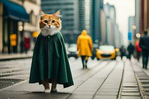a cat wearing a green cape on a city street. AI-Generated photo