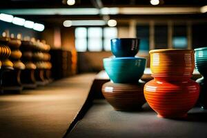 colorful vases are sitting on a table. AI-Generated photo