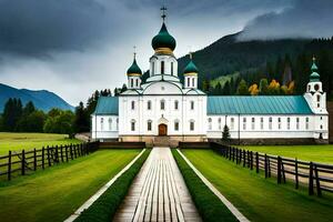 a white church with green domes in the middle of a green field. AI-Generated photo