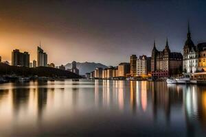 el ciudad horizonte es reflejado en el agua a puesta de sol. generado por ai foto