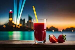 a glass of juice with strawberries and a city skyline in the background. AI-Generated photo