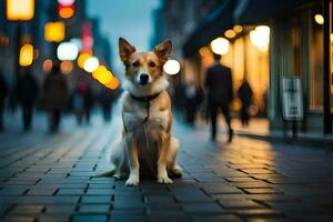 a dog sitting on the sidewalk in front of a city. AI-Generated photo