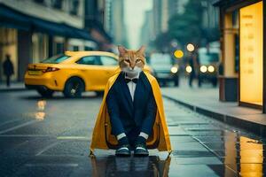 a cat wearing a yellow coat and a suit sits on the street. AI-Generated photo