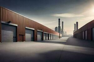 a long row of industrial buildings with a sun setting behind them. AI-Generated photo