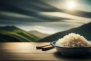 rice in a bowl on a table with mountains in the background. AI-Generated photo