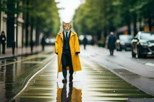 a fox wearing a yellow raincoat and tie walking down a wet street. AI-Generated photo