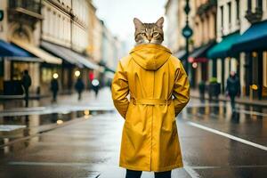 a cat wearing a yellow raincoat standing on a street. AI-Generated photo