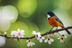 a colorful bird sits on a branch with flowers. AI-Generated photo