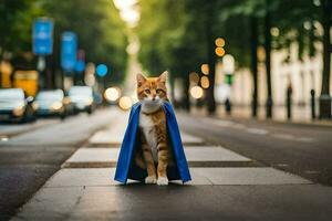 a cat dressed as a superhero standing on the street. AI-Generated photo