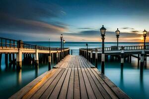 a pier with a long bridge leading to the ocean. AI-Generated photo
