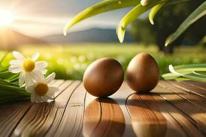 two brown eggs on a wooden table with daisies and grass. AI-Generated photo