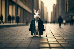 un Conejo vistiendo un traje y Corbata en pie en un calle. generado por ai foto