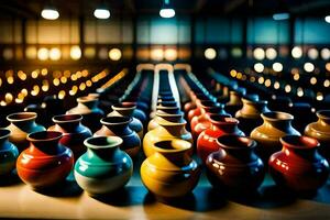 a row of colorful vases sit on a table. AI-Generated photo