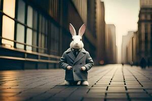 a rabbit dressed in a suit and tie standing on a street. AI-Generated photo