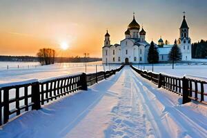 un puente Guías a un Iglesia en el nieve. generado por ai foto