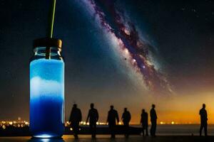 a bottle of blue liquid with a milky sky in the background. AI-Generated photo