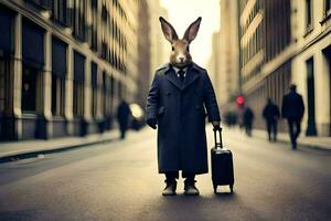 a rabbit wearing a suit and tie is walking down the street. AI-Generated photo
