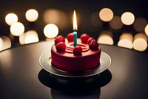 un rojo cumpleaños pastel con un iluminado vela. generado por ai foto