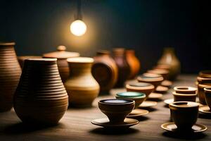 a row of vases and cups on a table. AI-Generated photo